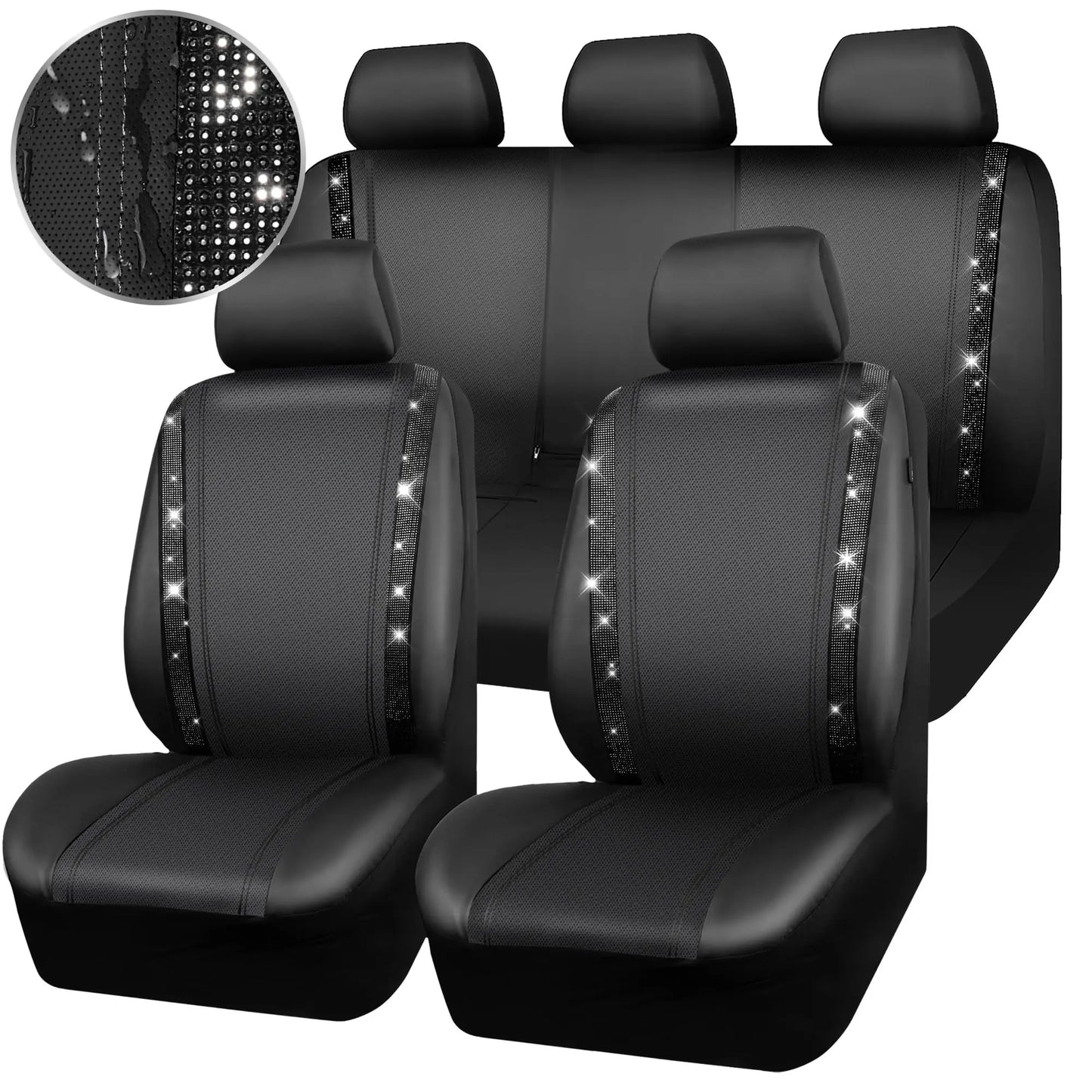 Glitter Diamond Car Seat Covers – Waterproof Leather Interior Accessories for Girls & Women