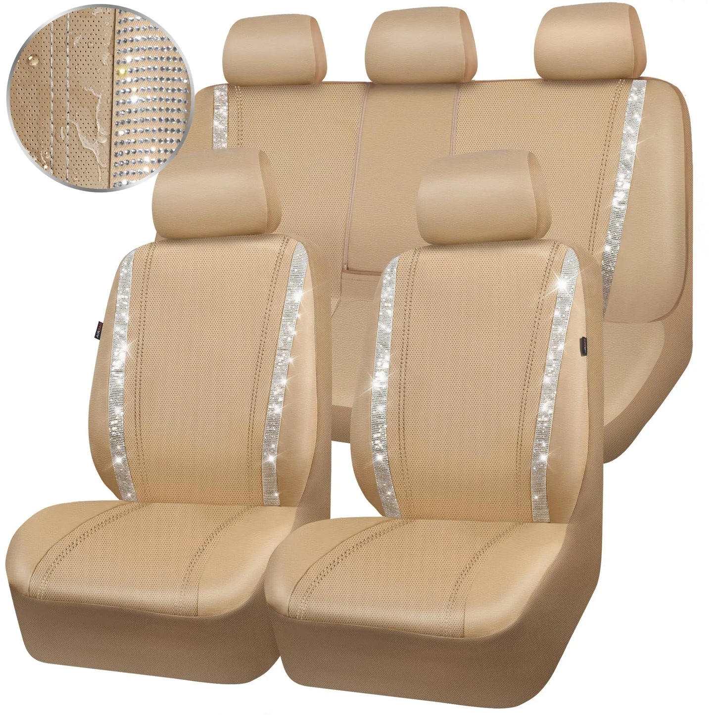 Glitter Diamond Car Seat Covers – Waterproof Leather Interior Accessories for Girls & Women