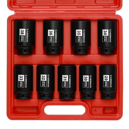 9Pc 1/2" Drive Deep Axle Nut Socket Set, 6-Point CR-MO 29mm-38mm, Heavy-Duty Automotive Tools | Father’s Day Gift for Mechanics