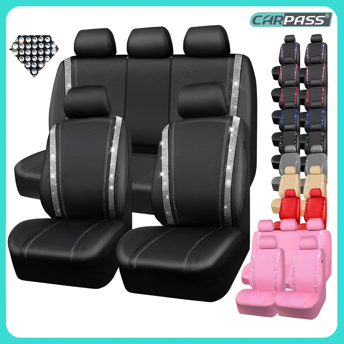 Glitter Diamond Car Seat Covers – Waterproof Leather Interior Accessories for Girls & Women