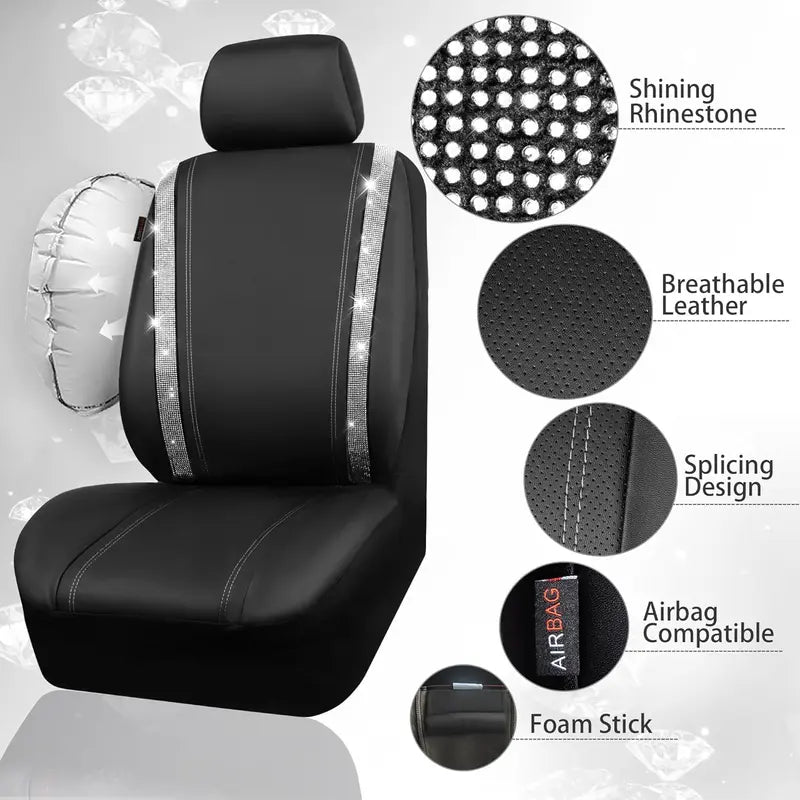 Glitter Diamond Car Seat Covers – Waterproof Leather Interior Accessories for Girls & Women